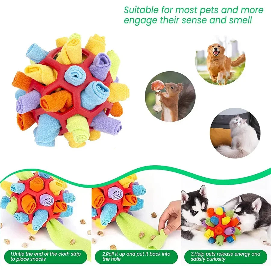 Interactive Snuffle Ball For Dogs with colorful fabric rolls and dog treats visible, perfect for nose work and foraging training.