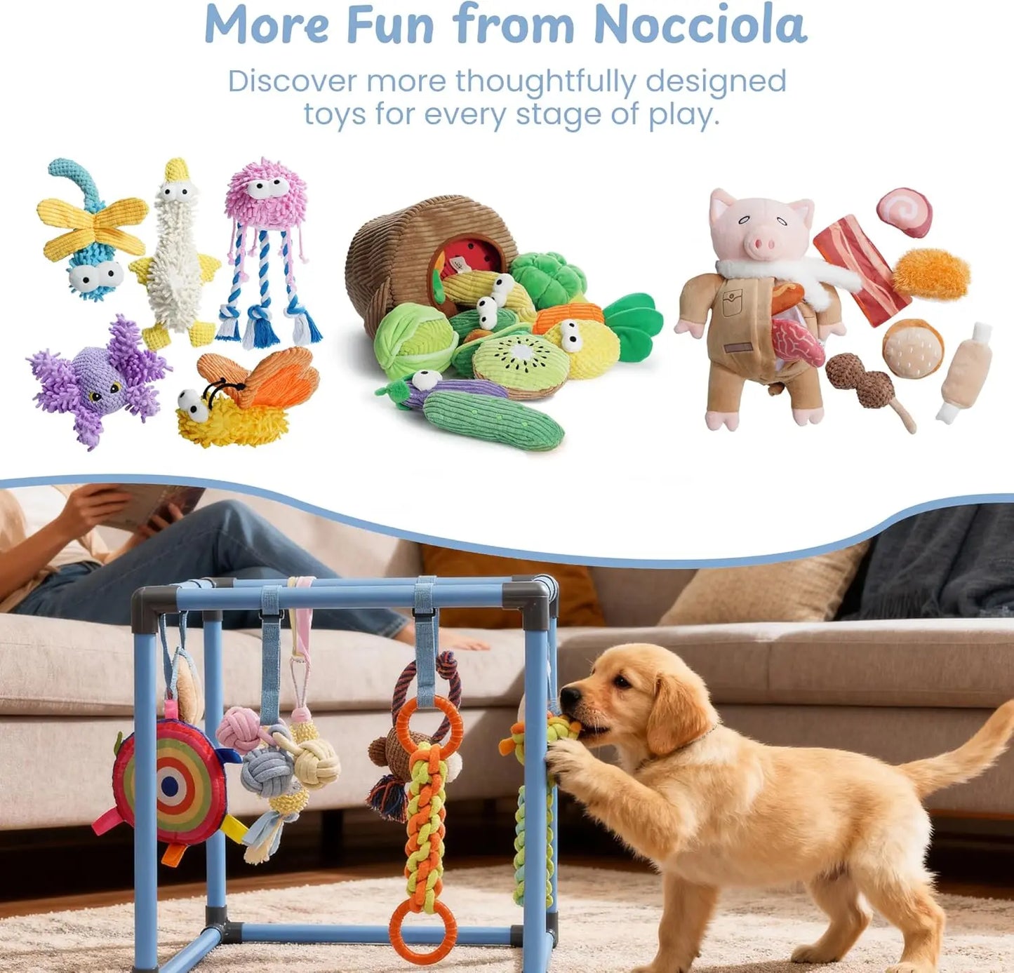 Nocciola Enrichment Play Gym for Dogs - Indoor Interactive Activity Frame with 8 Hanging Squeaky Rope and Teething Toys for Puppies and Small Dogs