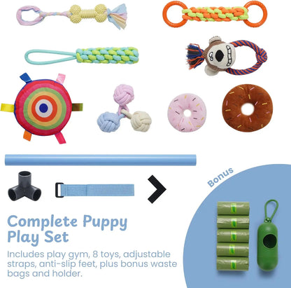 Nocciola Enrichment Play Gym for Dogs - Indoor Interactive Activity Frame with 8 Hanging Squeaky Rope and Teething Toys for Puppies and Small Dogs