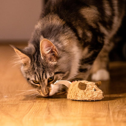 Automated Interactive Cat Toy Mouse with Furry Tail - Electronic Squeaky Toy for Indoor/Outdoor Kittens (Brown-Ear)