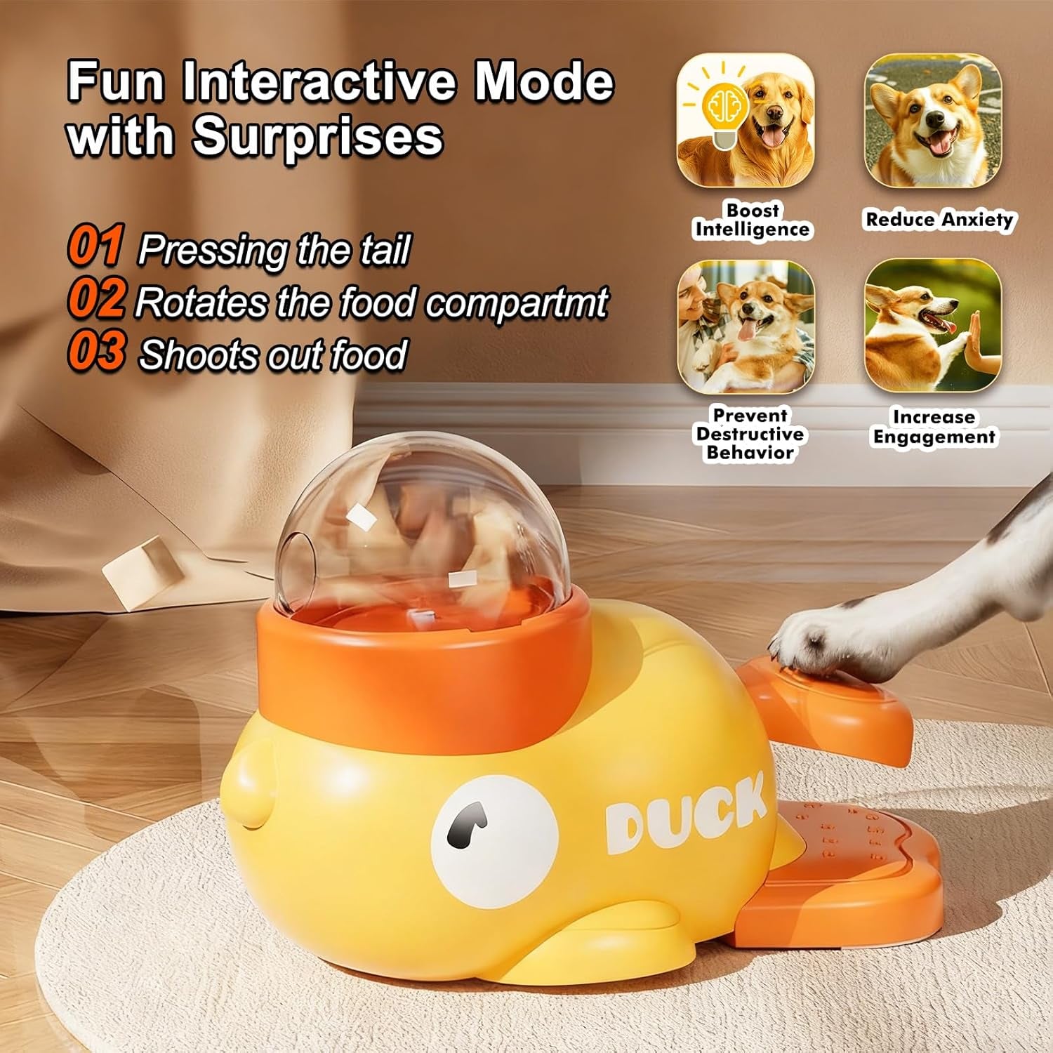Duck-Shaped Interactive Dog Treat Dispenser and Slow Feeder Bowl - Puzzle Toy for Mental Stimulation with Adjustable Food Outlet for Small to Medium Pets
