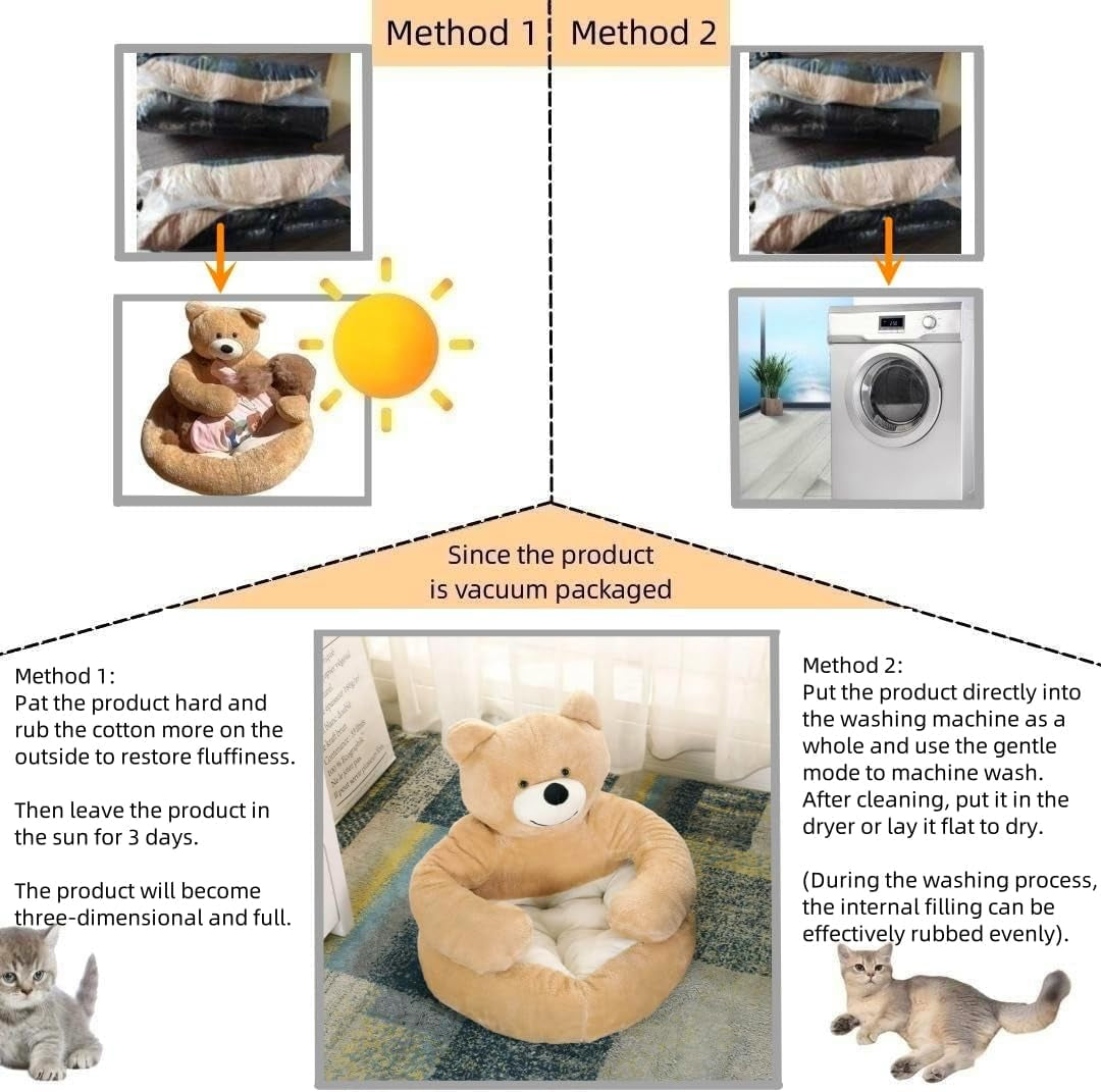 Plush Pet Bed with Cute Bear Hug Design for Dogs and Cats, Soft and Calming Cuddler with Removable Washable Cover and Non-Slip Bottom (Diameter 22 In, Khaki)
