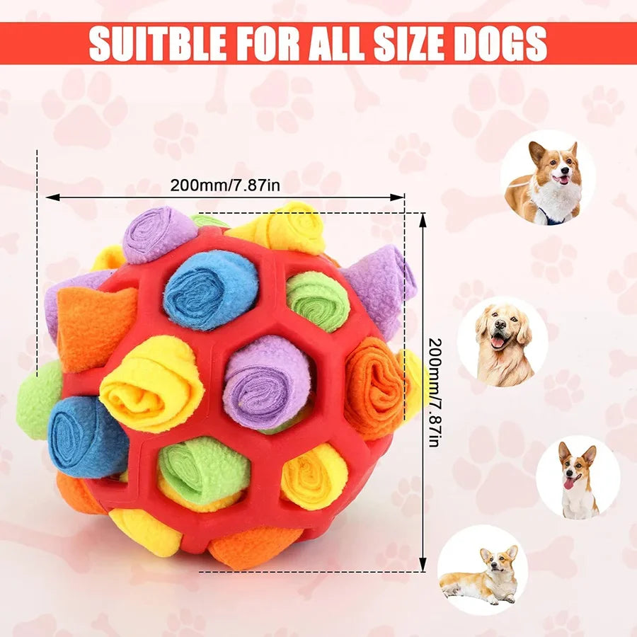 Interactive Snuffle Ball For Dogs with colorful fabric rolls and dog treats visible, perfect for nose work and foraging training.