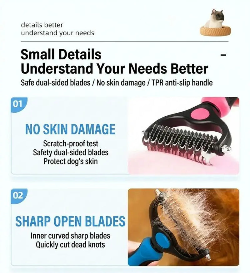 Pet Dematting Undercoat Rake for Long-Haired Dogs &amp; Cats, Double-Sided Grooming Comb for Loose Fur and Light Tangles, Routine Pet Coat Care Tool, Results May Vary by Coat Type
