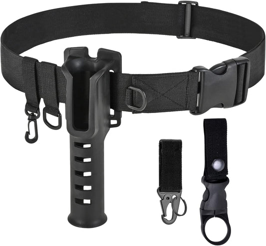 Adjustable Fishing Wading Belt with Rod Holder for Fly, Surf, and Spinning Pole Tackle (Black)