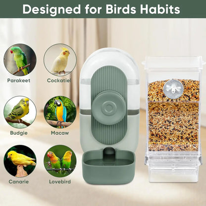 2-Piece Water and Feeder Set for Parakeets, Parrots, and Small Birds - Seed Food Container and Water Dispenser