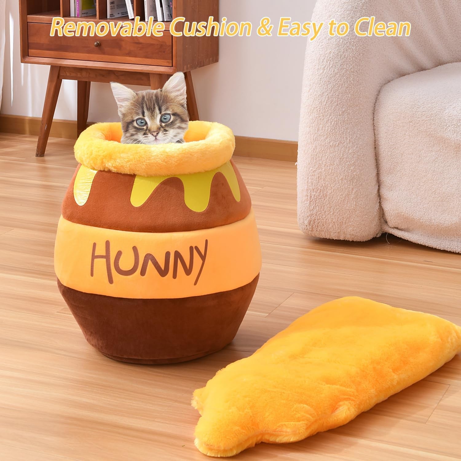 Honey Pot Cat Cave Bed - Plush Rebound Sponge Pet Nest with Removable and Washable Cushion, Adorable Cartoon Design for Small Cats and Breeds