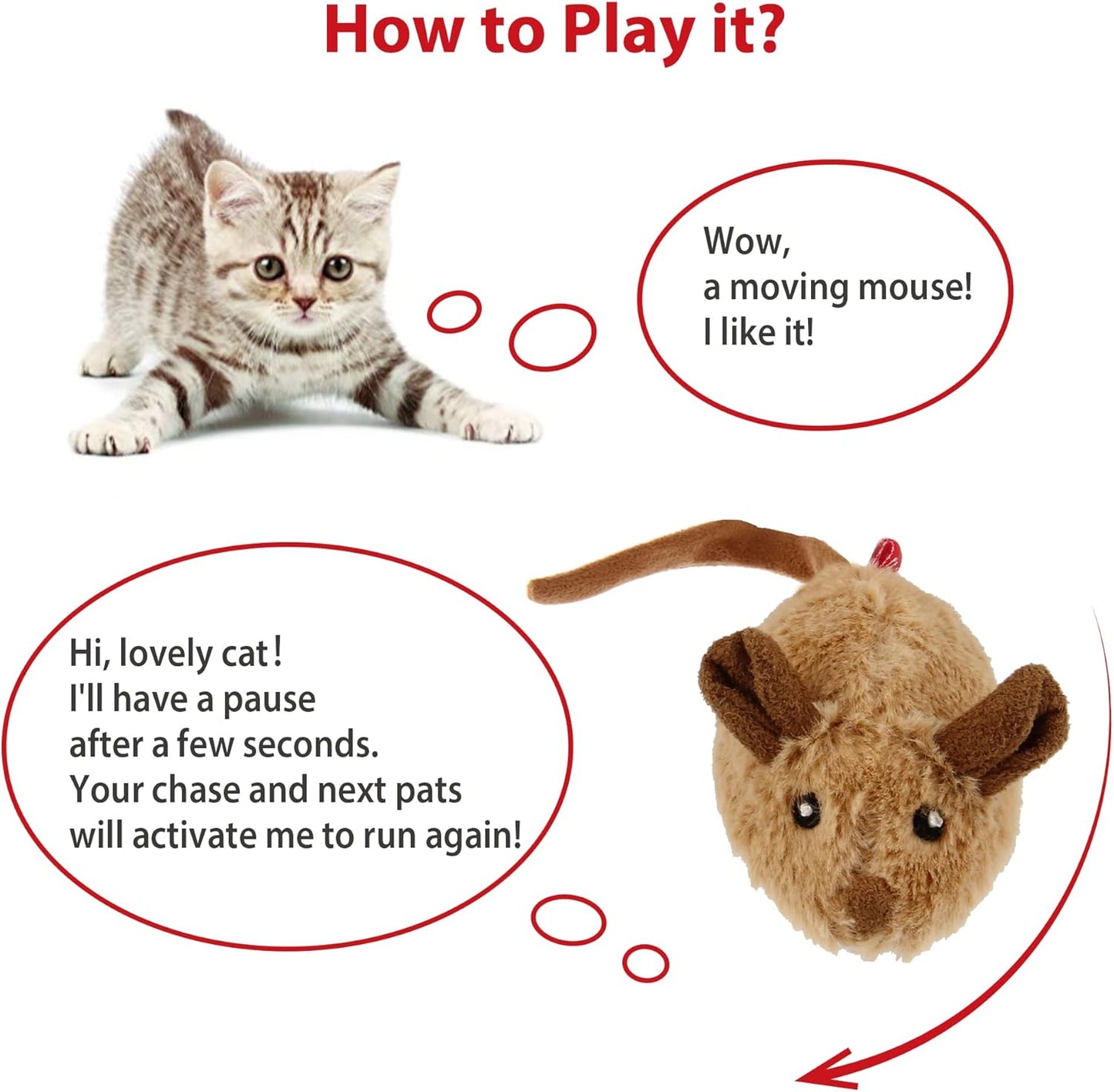 Automated Interactive Cat Toy Mouse with Furry Tail - Electronic Squeaky Toy for Indoor/Outdoor Kittens (Brown-Ear)