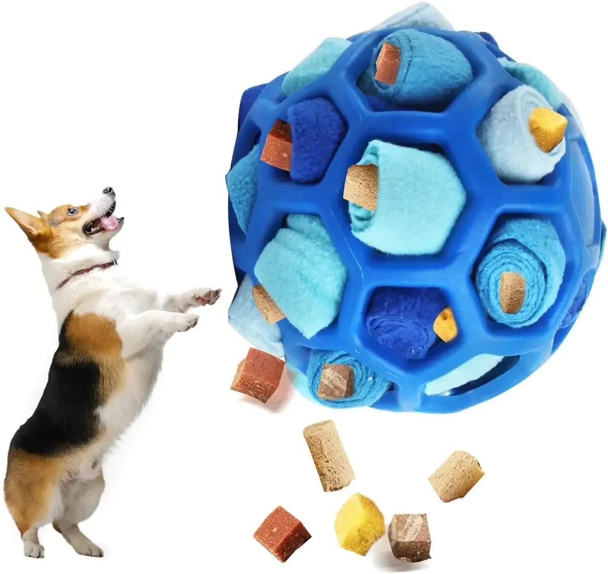 Interactive Snuffle Ball For Dogs with colorful fabric rolls and dog treats visible, perfect for nose work and foraging training.