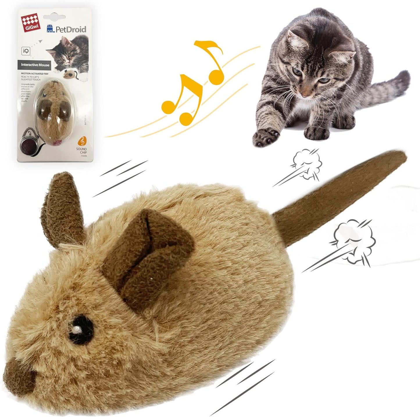 Automated Interactive Cat Toy Mouse with Furry Tail - Electronic Squeaky Toy for Indoor/Outdoor Kittens (Brown-Ear)