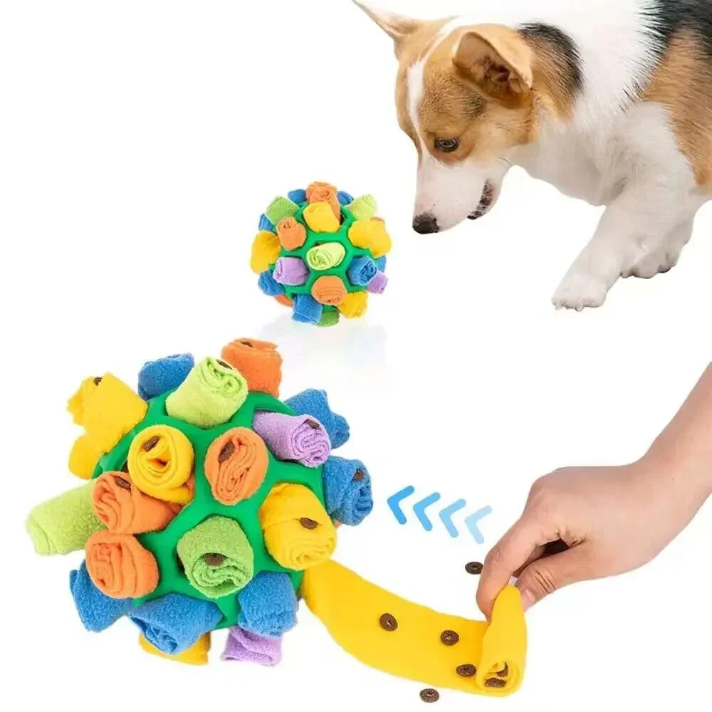 Interactive Snuffle Ball For Dogs with colorful fabric rolls and dog treats visible, perfect for nose work and foraging training.