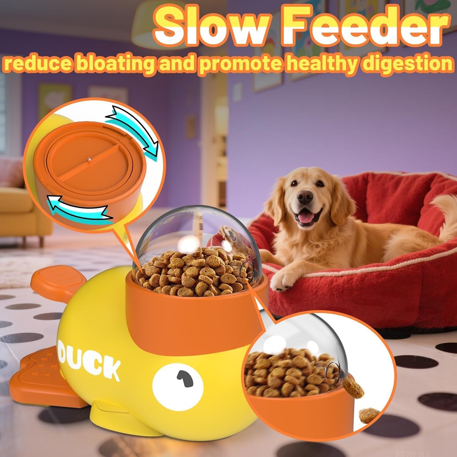 Duck-Shaped Interactive Dog Treat Dispenser and Slow Feeder Bowl - Puzzle Toy for Mental Stimulation with Adjustable Food Outlet for Small to Medium Pets