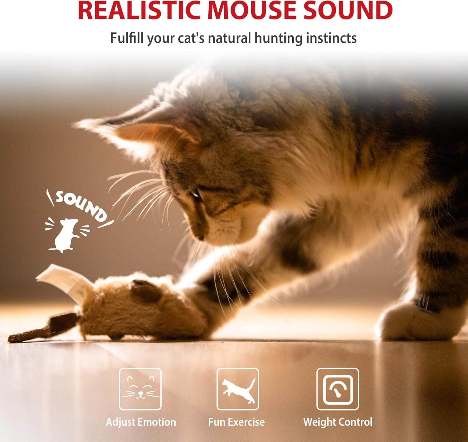 Automated Interactive Cat Toy Mouse with Furry Tail - Electronic Squeaky Toy for Indoor/Outdoor Kittens (Brown-Ear)