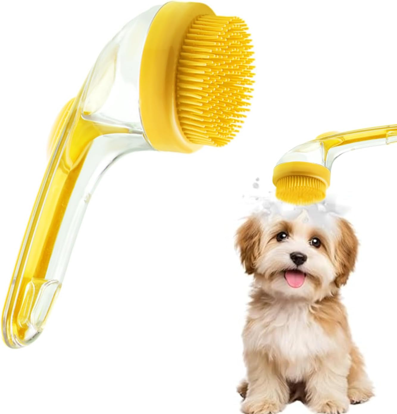 2-in-1 Pet Grooming Bath Brush with Soap and Shampoo Dispenser - Soft Silicone Bristle Scrubber for Dogs and Cats - Ideal for Long and Short Haired Breeds - Yellow