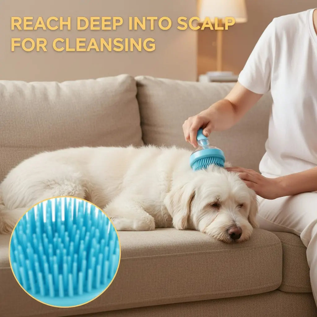 Pet Bath Brush With Soap Dispenser – Essential bathing tool for dogs and cats, featuring a built-in shampoo dispenser.