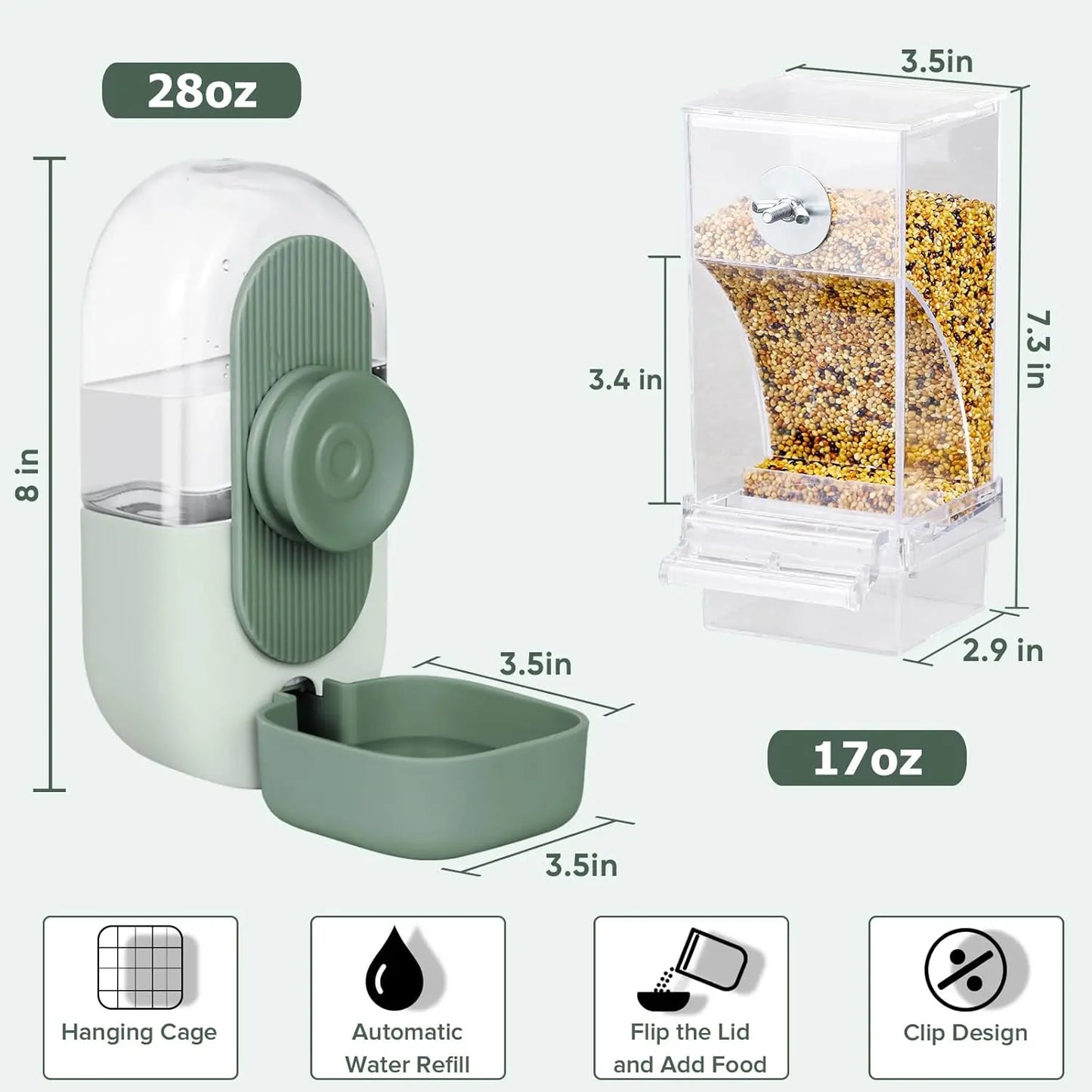 2-Piece Water and Feeder Set for Parakeets, Parrots, and Small Birds - Seed Food Container and Water Dispenser