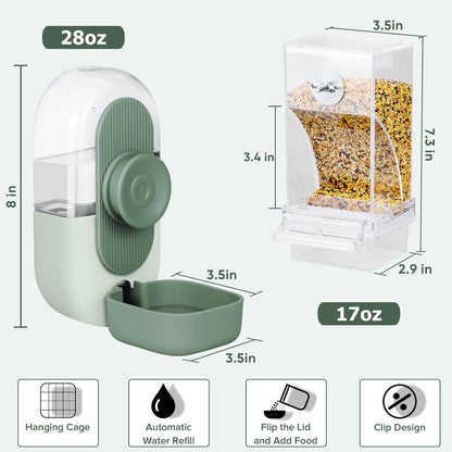 2-Piece Water and Feeder Set for Parakeets, Parrots, and Small Birds - Seed Food Container and Water Dispenser