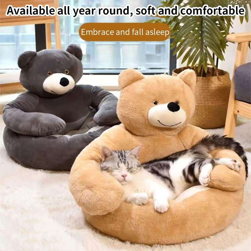 Plush Pet Bed with Cute Bear Hug Design for Dogs and Cats, Soft and Calming Cuddler with Removable Washable Cover and Non-Slip Bottom (Diameter 22 In, Khaki)