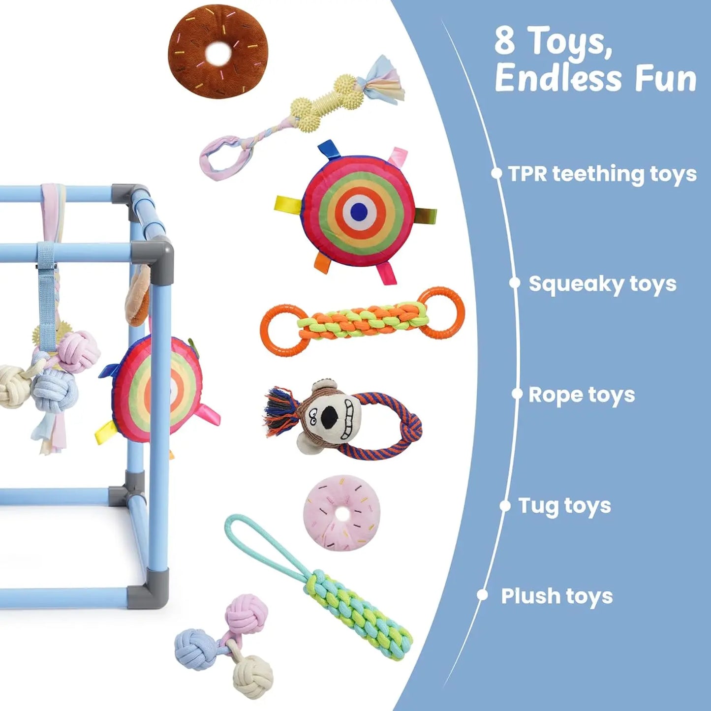 Nocciola Enrichment Play Gym for Dogs - Indoor Interactive Activity Frame with 8 Hanging Squeaky Rope and Teething Toys for Puppies and Small Dogs