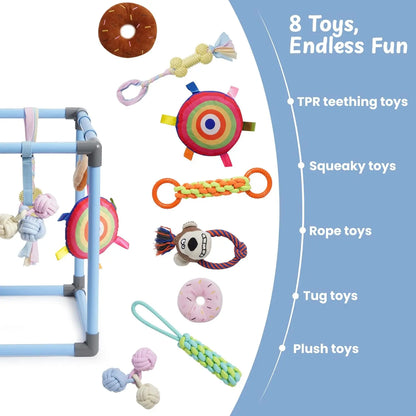 Nocciola Enrichment Play Gym for Dogs - Indoor Interactive Activity Frame with 8 Hanging Squeaky Rope and Teething Toys for Puppies and Small Dogs