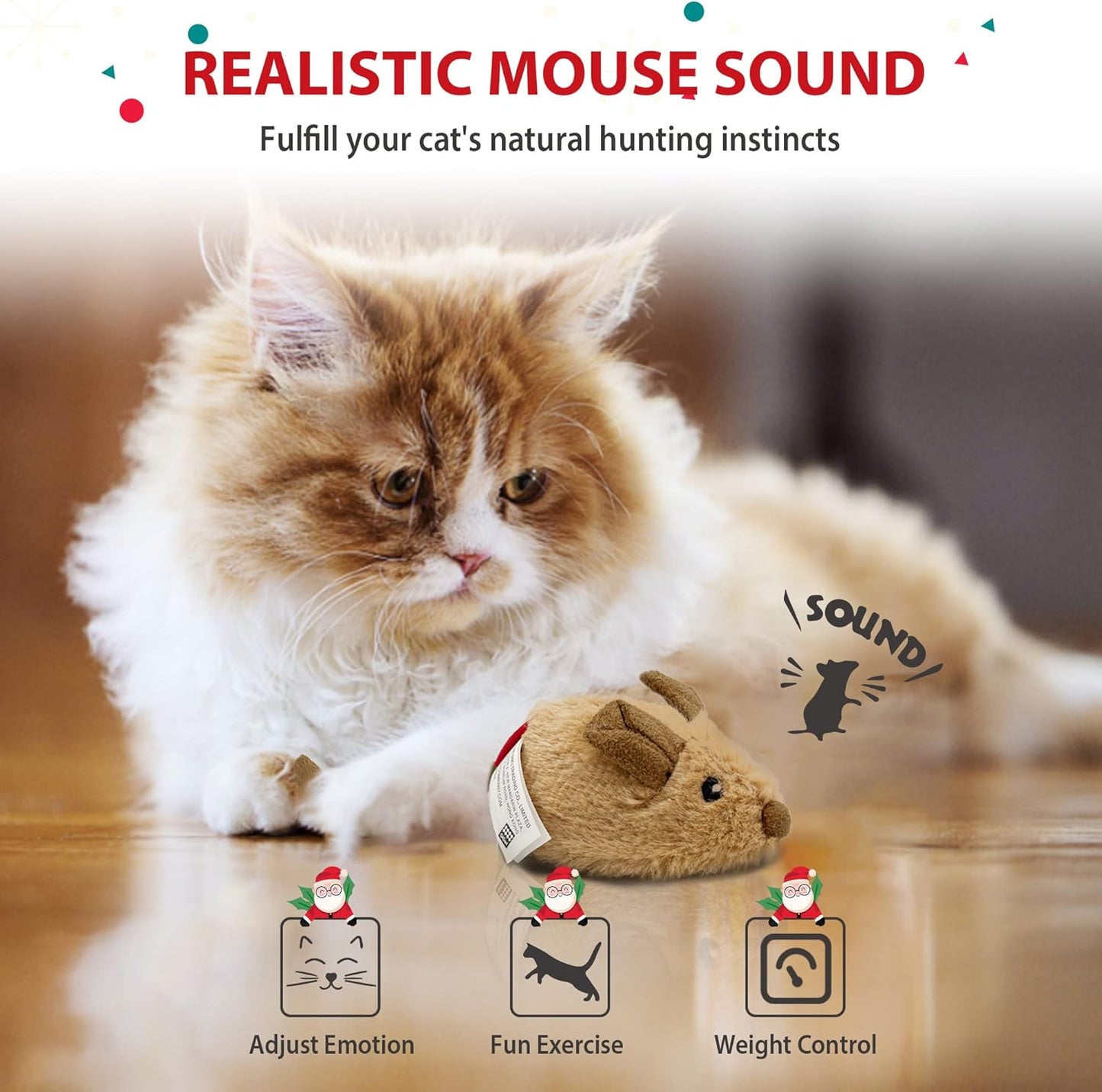 Automated Interactive Cat Toy Mouse with Furry Tail - Electronic Squeaky Toy for Indoor/Outdoor Kittens (Brown-Ear)