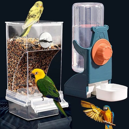 2-Piece Water and Feeder Set for Parakeets, Parrots, and Small Birds - Seed Food Container and Water Dispenser