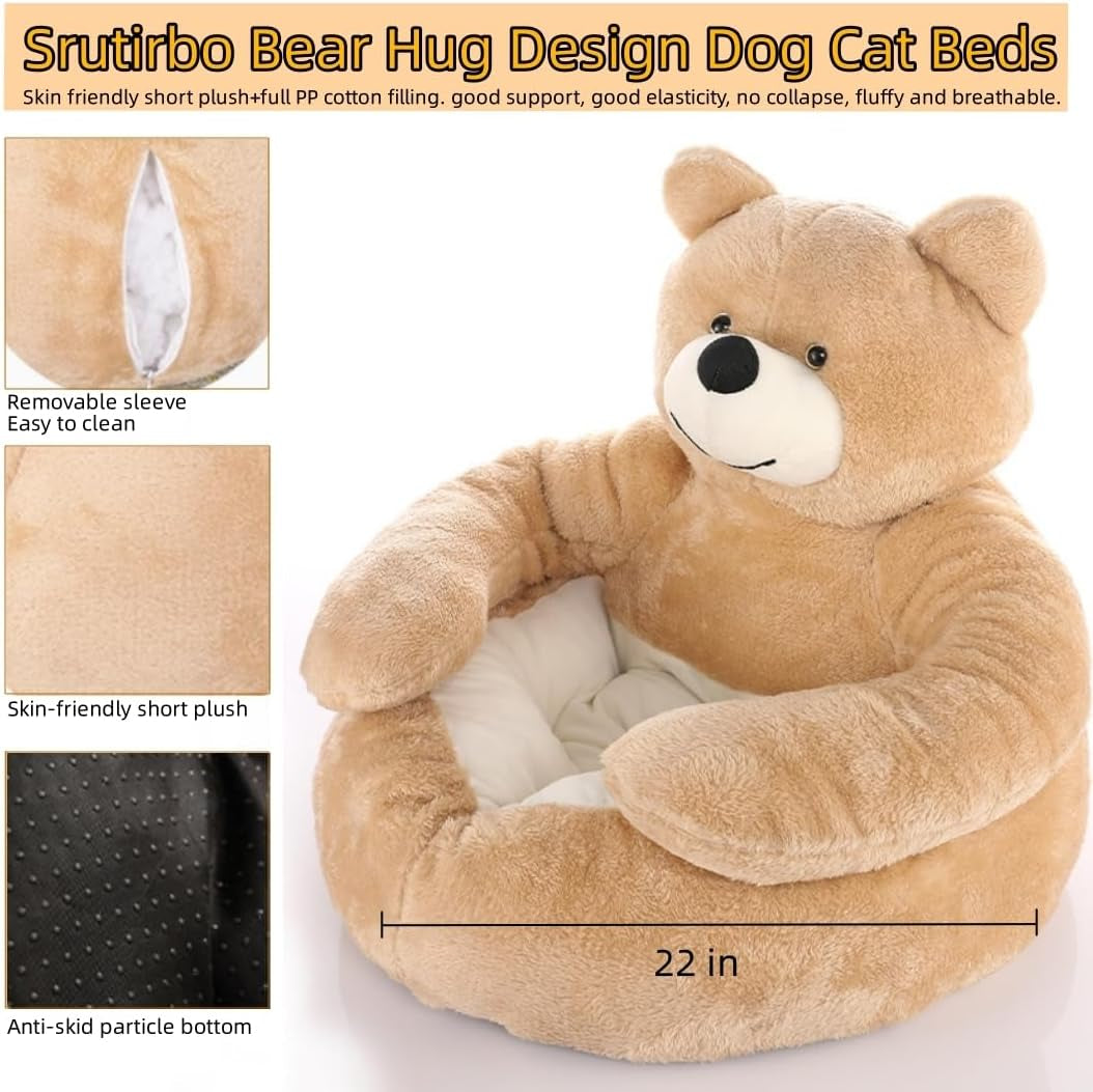 Plush Pet Bed with Cute Bear Hug Design for Dogs and Cats, Soft and Calming Cuddler with Removable Washable Cover and Non-Slip Bottom (Diameter 22 In, Khaki)