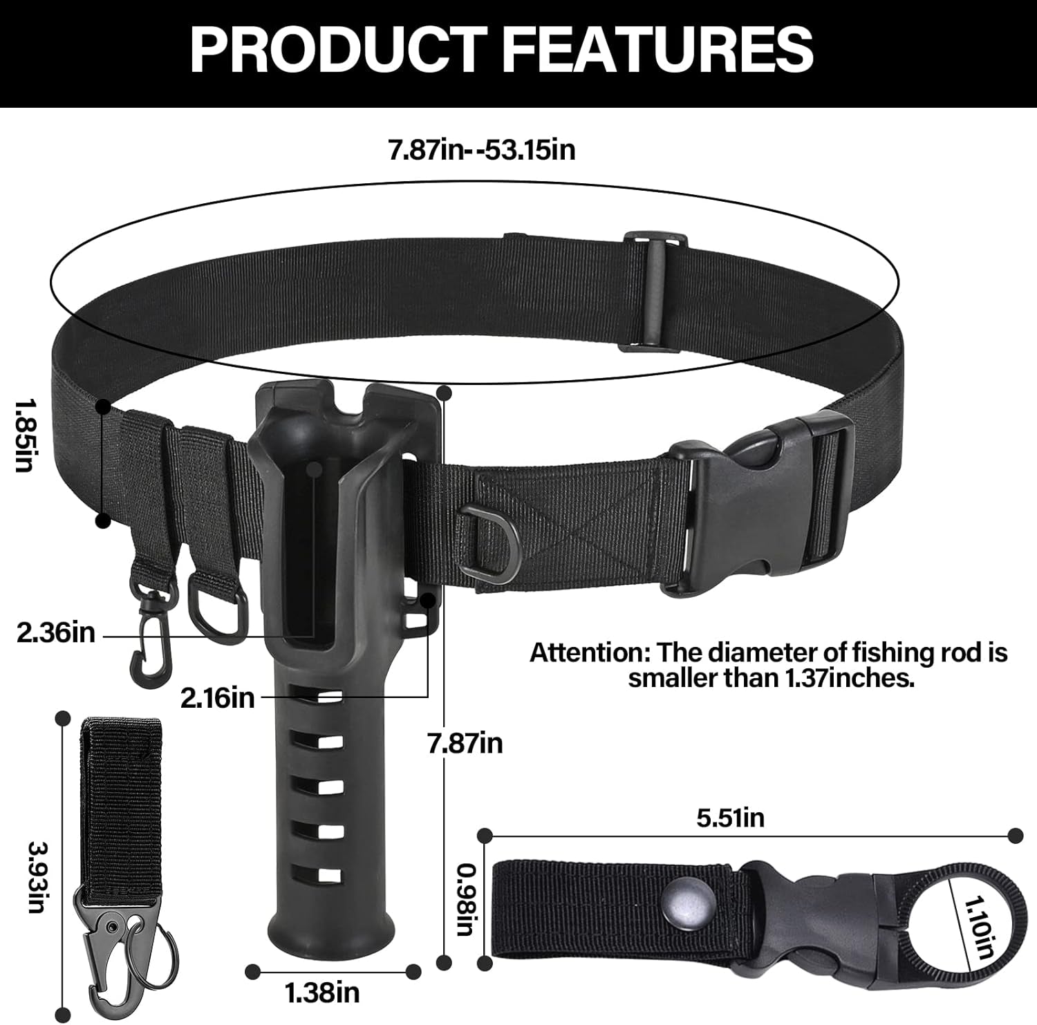 Adjustable Fishing Wading Belt with Rod Holder for Fly, Surf, and Spinning Pole Tackle (Black)