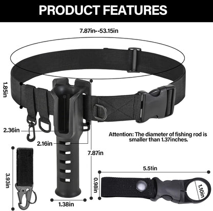 Adjustable Fishing Wading Belt with Rod Holder for Fly, Surf, and Spinning Pole Tackle (Black)