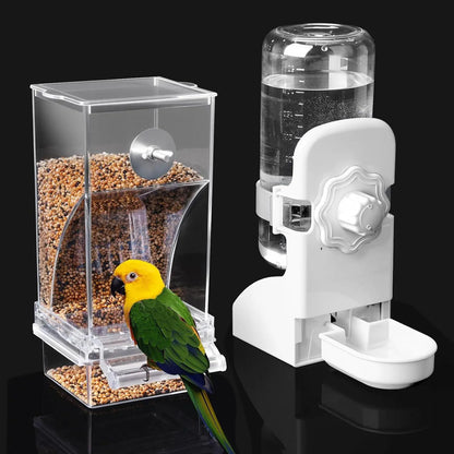 2-Piece Water and Feeder Set for Parakeets, Parrots, and Small Birds - Seed Food Container and Water Dispenser