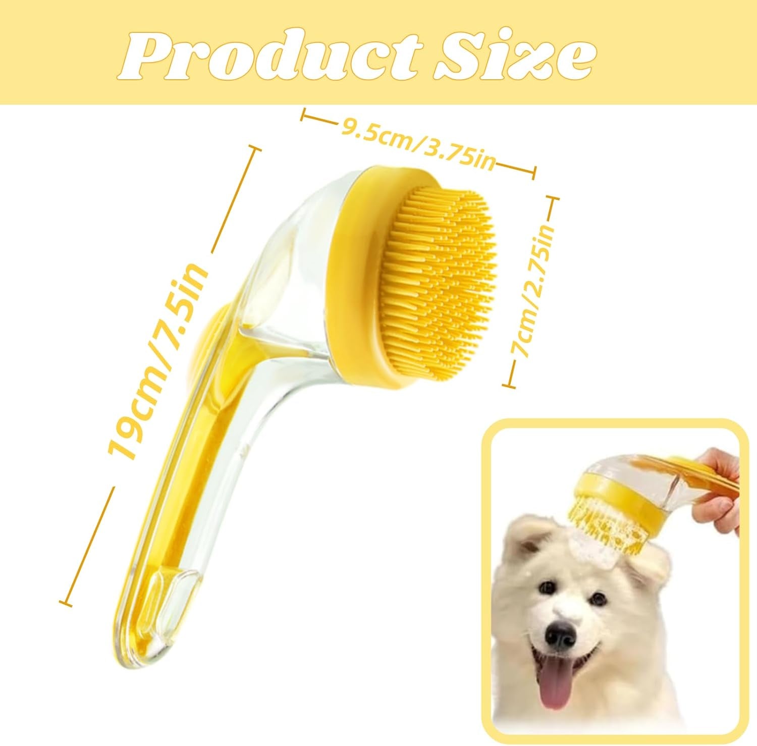 2-in-1 Pet Grooming Bath Brush with Soap and Shampoo Dispenser - Soft Silicone Bristle Scrubber for Dogs and Cats - Ideal for Long and Short Haired Breeds - Yellow