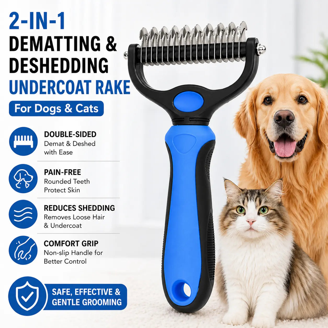 Pet Dematting Undercoat Rake for Long-Haired Dogs &amp; Cats, Double-Sided Grooming Comb for Loose Fur and Light Tangles, Routine Pet Coat Care Tool, Results May Vary by Coat Type