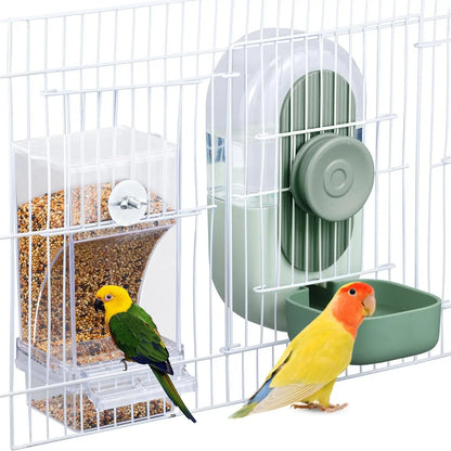 2-Piece Water and Feeder Set for Parakeets, Parrots, and Small Birds - Seed Food Container and Water Dispenser