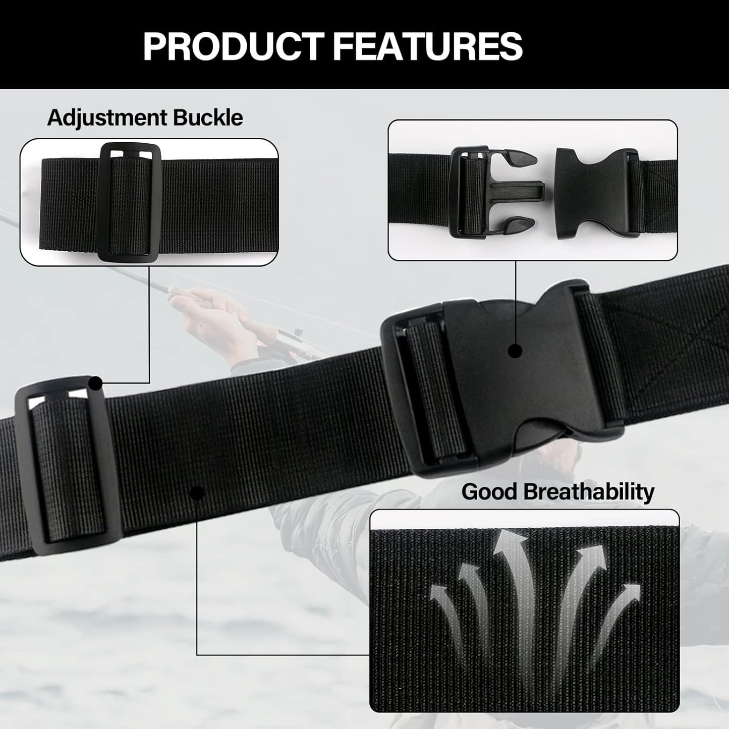 Adjustable Fishing Wading Belt with Rod Holder for Fly, Surf, and Spinning Pole Tackle (Black)
