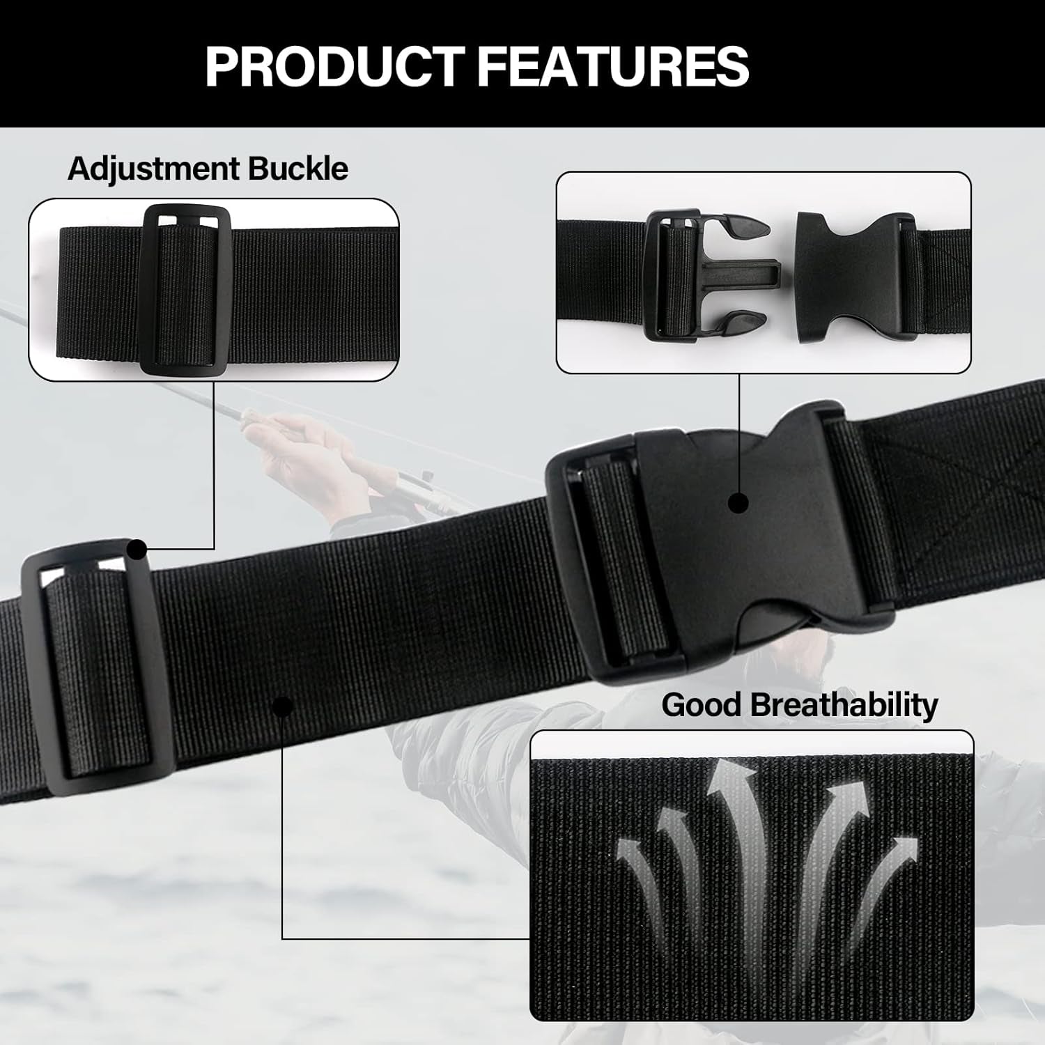 Adjustable Fishing Wading Belt with Rod Holder for Fly, Surf, and Spinning Pole Tackle (Black)