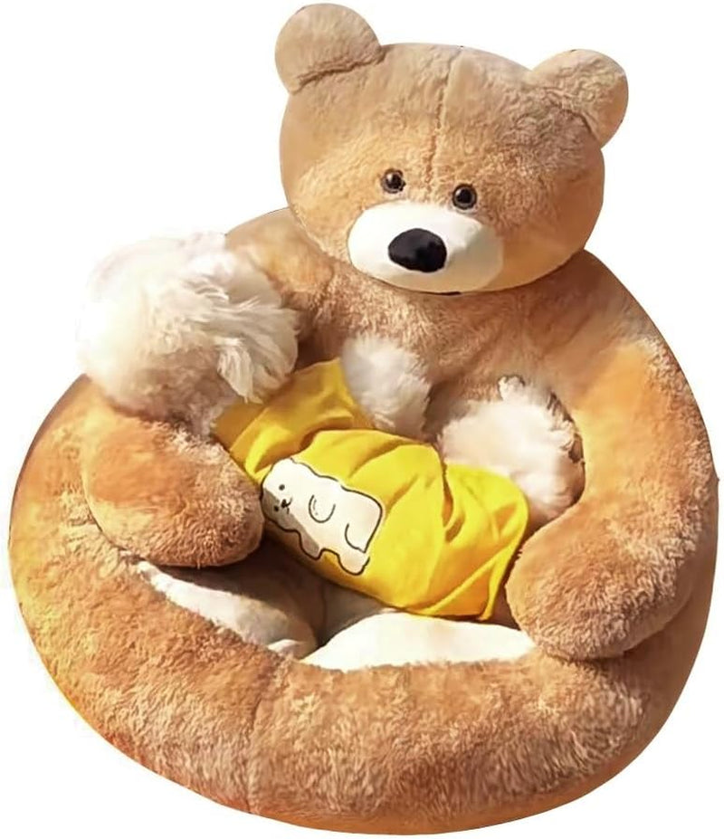 Plush Pet Bed with Cute Bear Hug Design for Dogs and Cats, Soft and Calming Cuddler with Removable Washable Cover and Non-Slip Bottom (Diameter 22 In, Khaki)