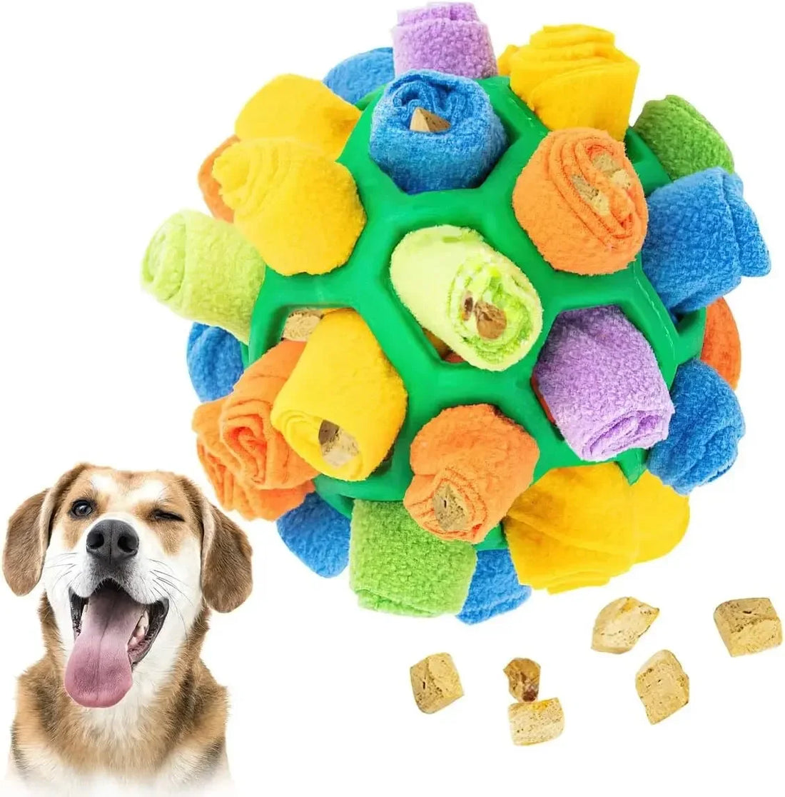 Interactive Snuffle Ball For Dogs with colorful fabric rolls and dog treats visible, perfect for nose work and foraging training.
