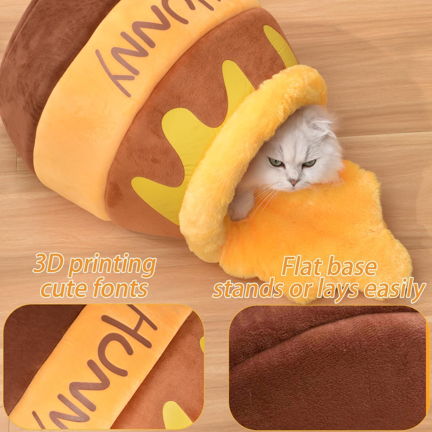 Honey Pot Cat Cave Bed - Plush Rebound Sponge Pet Nest with Removable and Washable Cushion, Adorable Cartoon Design for Small Cats and Breeds