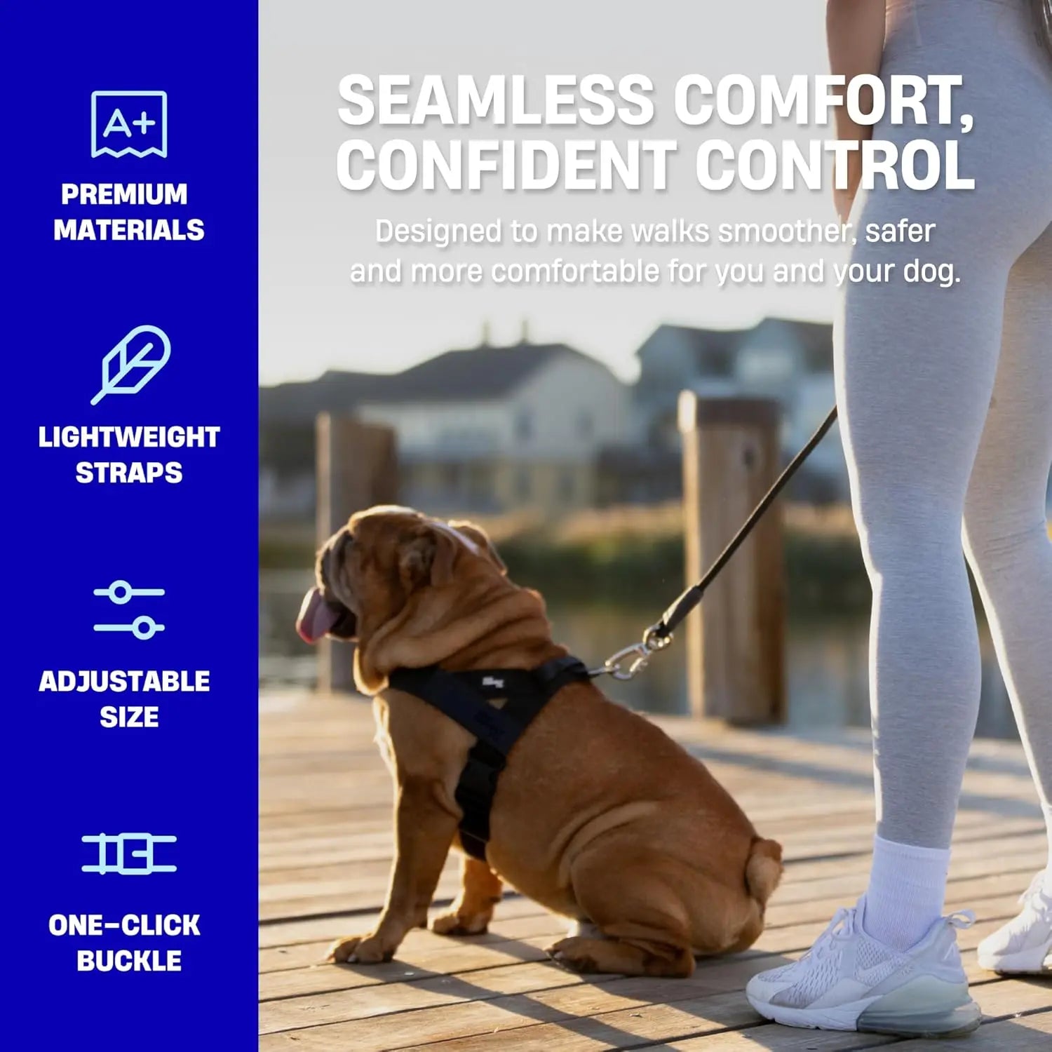 No-Pull Dog Harness Adjustable features built-in grab handle, heavy-duty D-ring, and customizable fit for all dogs.