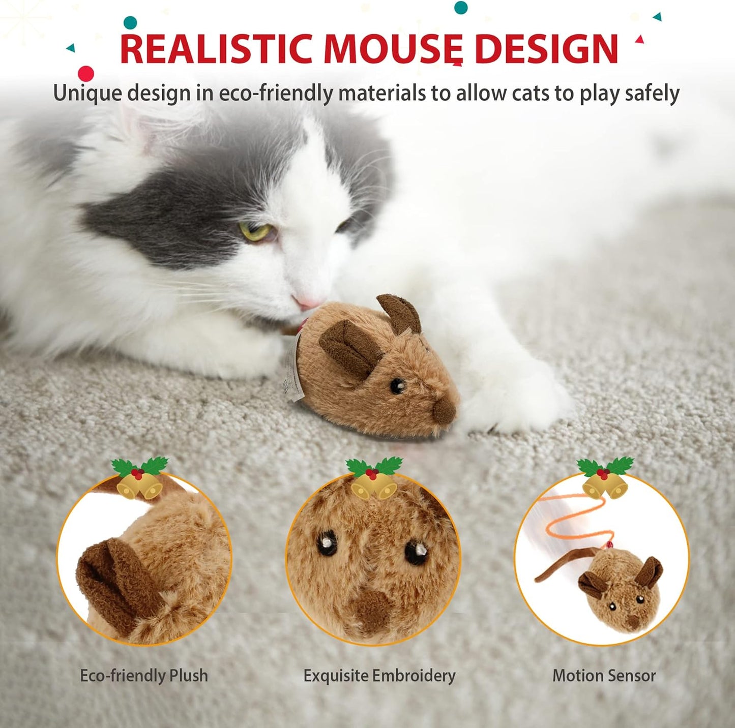 Automated Interactive Cat Toy Mouse with Furry Tail - Electronic Squeaky Toy for Indoor/Outdoor Kittens (Brown-Ear)