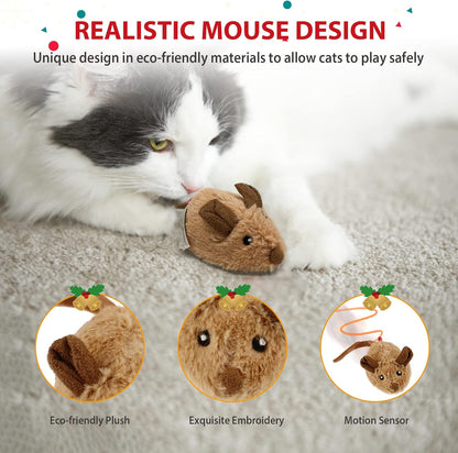 Automated Interactive Cat Toy Mouse with Furry Tail - Electronic Squeaky Toy for Indoor/Outdoor Kittens (Brown-Ear)