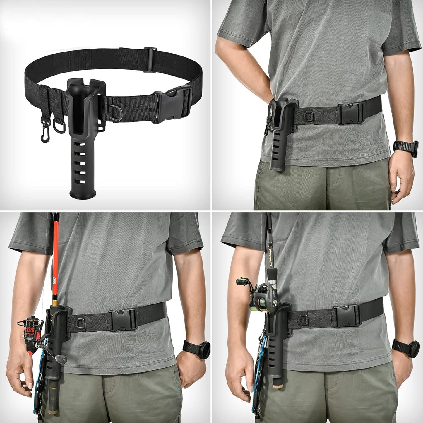 Adjustable Fishing Wading Belt with Rod Holder for Fly, Surf, and Spinning Pole Tackle (Black)