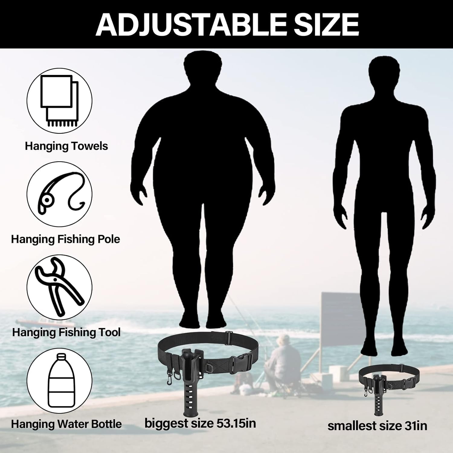 Adjustable Fishing Wading Belt with Rod Holder for Fly, Surf, and Spinning Pole Tackle (Black)