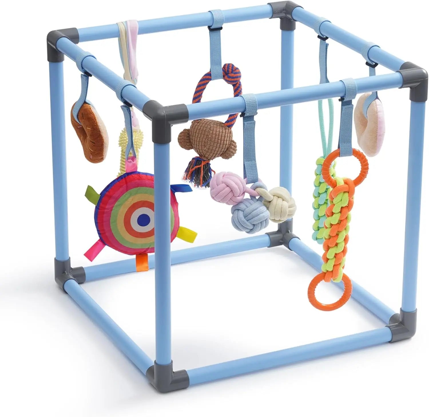 Nocciola Enrichment Play Gym for Dogs - Indoor Interactive Activity Frame with 8 Hanging Squeaky Rope and Teething Toys for Puppies and Small Dogs