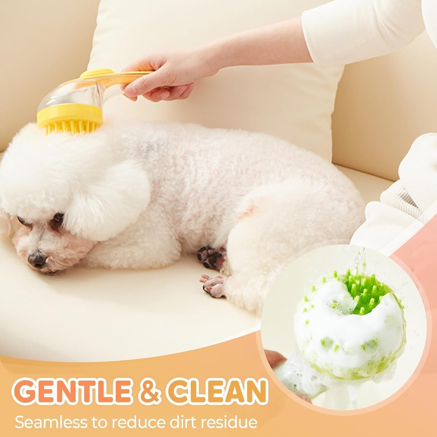 2-in-1 Pet Grooming Bath Brush with Soap and Shampoo Dispenser - Soft Silicone Bristle Scrubber for Dogs and Cats - Ideal for Long and Short Haired Breeds - Yellow