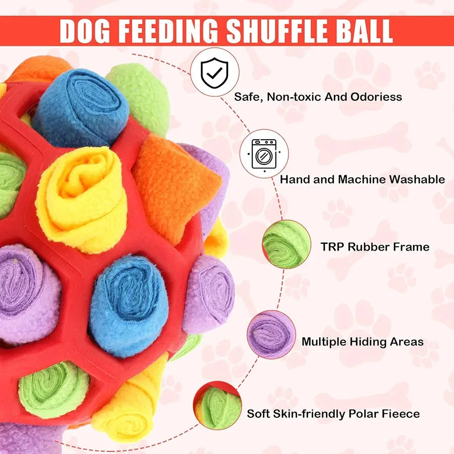 Dog Toy Snuffle Ball for Interactive Snuffle Ball For Dogs with colorful fabric rolls and dog treats visible, perfect for nose work and foraging training.Dogs Training the Sense of Smell Portable Interactive Snuffle Ball for Pet Foraging Instinct Training