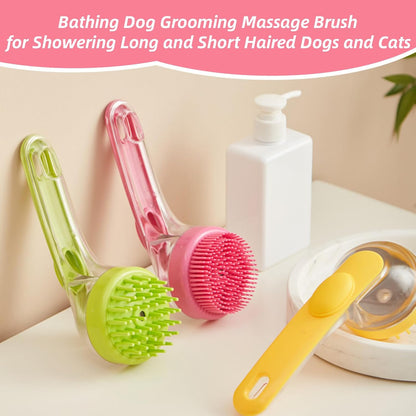 2-in-1 Pet Grooming Bath Brush with Soap and Shampoo Dispenser - Soft Silicone Bristle Scrubber for Dogs and Cats - Ideal for Long and Short Haired Breeds - Yellow