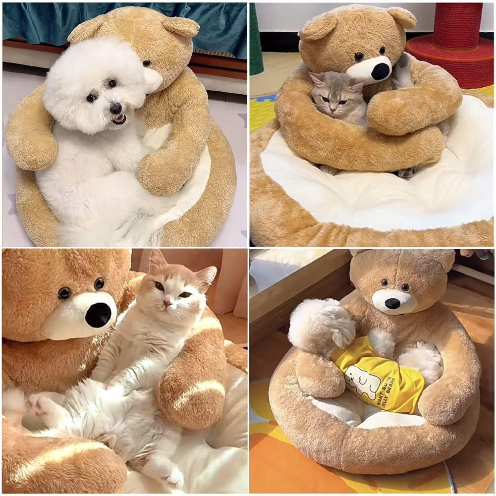 Plush Pet Bed with Cute Bear Hug Design for Dogs and Cats, Soft and Calming Cuddler with Removable Washable Cover and Non-Slip Bottom (Diameter 22 In, Khaki)