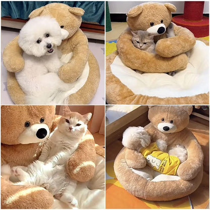 Plush Pet Bed with Cute Bear Hug Design for Dogs and Cats, Soft and Calming Cuddler with Removable Washable Cover and Non-Slip Bottom (Diameter 22 In, Khaki)