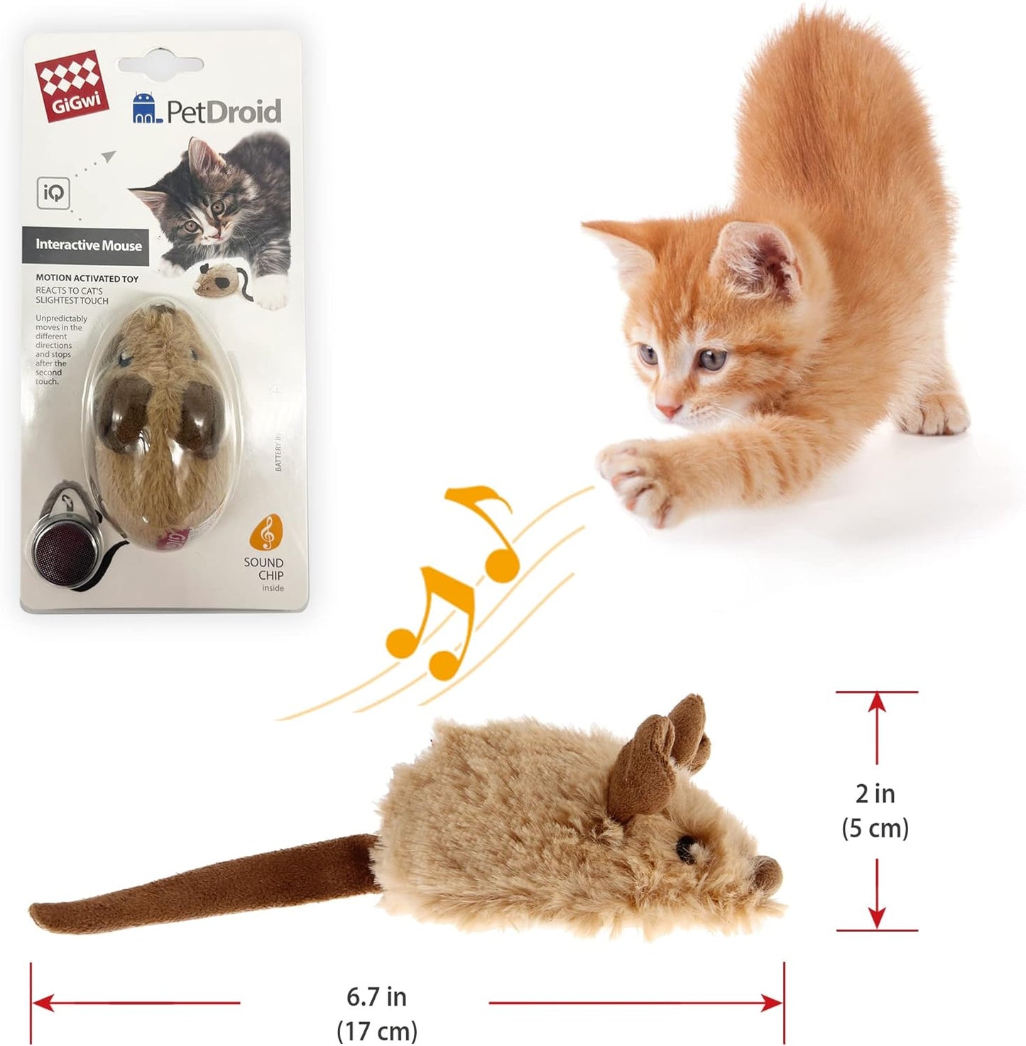 Automated Interactive Cat Toy Mouse with Furry Tail - Electronic Squeaky Toy for Indoor/Outdoor Kittens (Brown-Ear)